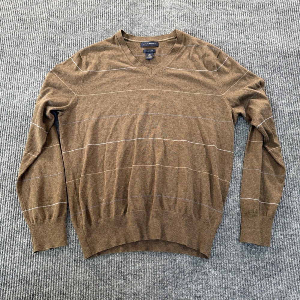 Banana Republic Sweater Men L Brown Striped V-Neck Silk Cotton Cashmere Blend
